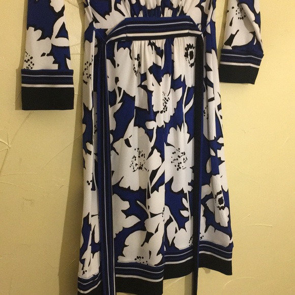 NY&CO dress floral 3/4 sleeve tie belt blue aline XS - Picture 4 of 14